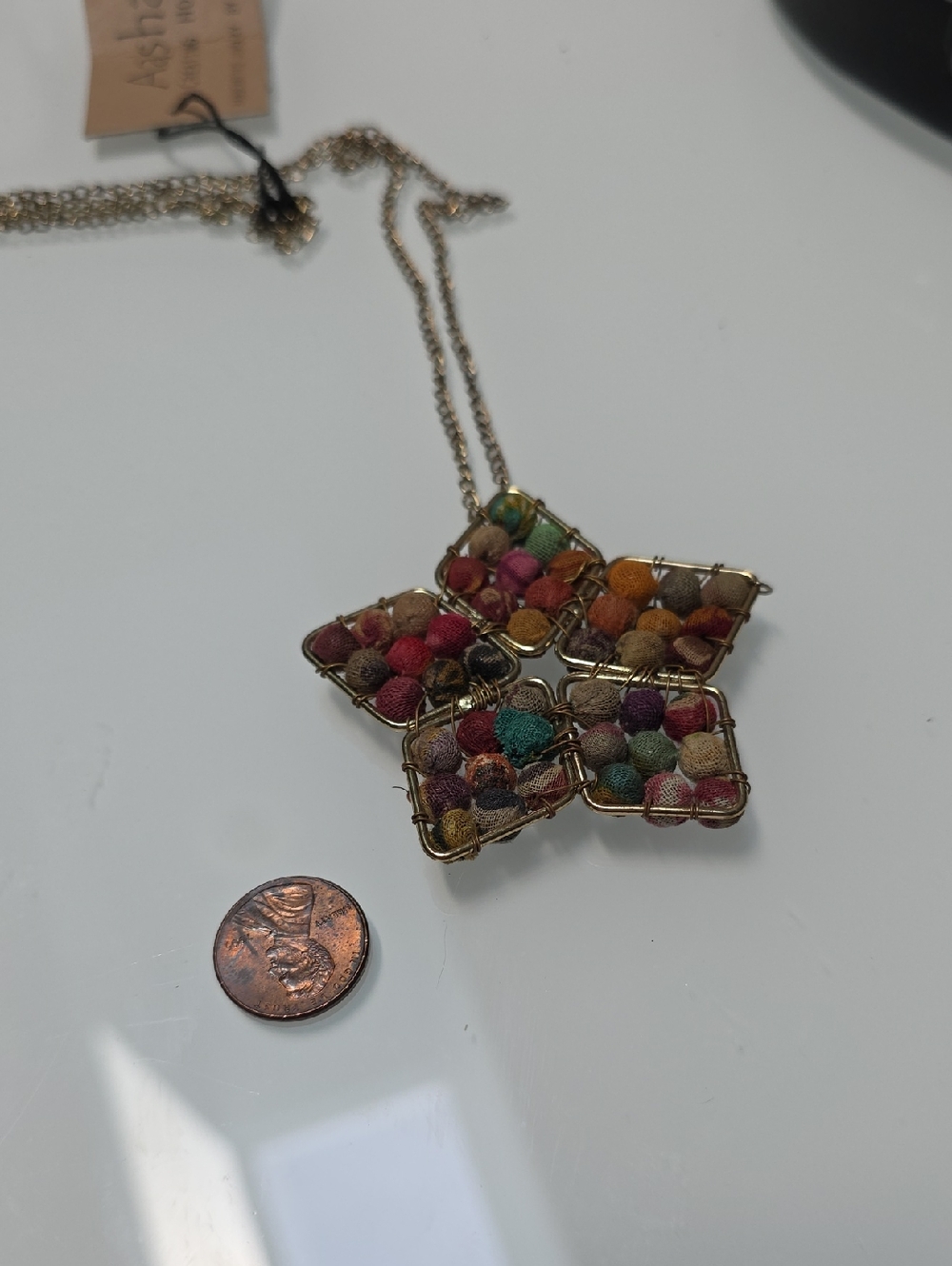 Multicolor Silk Beaded Star Pendant Necklace - Gold Chain